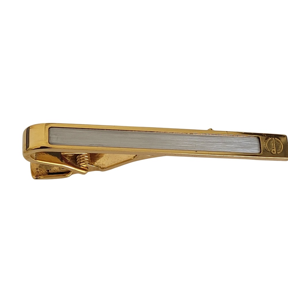 Dunhill Gold Tone Tie Clip Silver Inlay Logo Engraved Mens Accessory Vintage